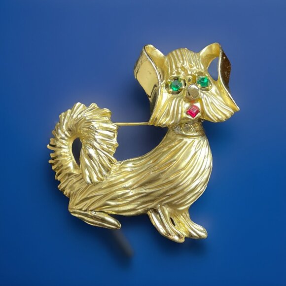 Vintage BSK Signed Dog Brooch Pin Gold-Tone Green Rhinestone Eyes